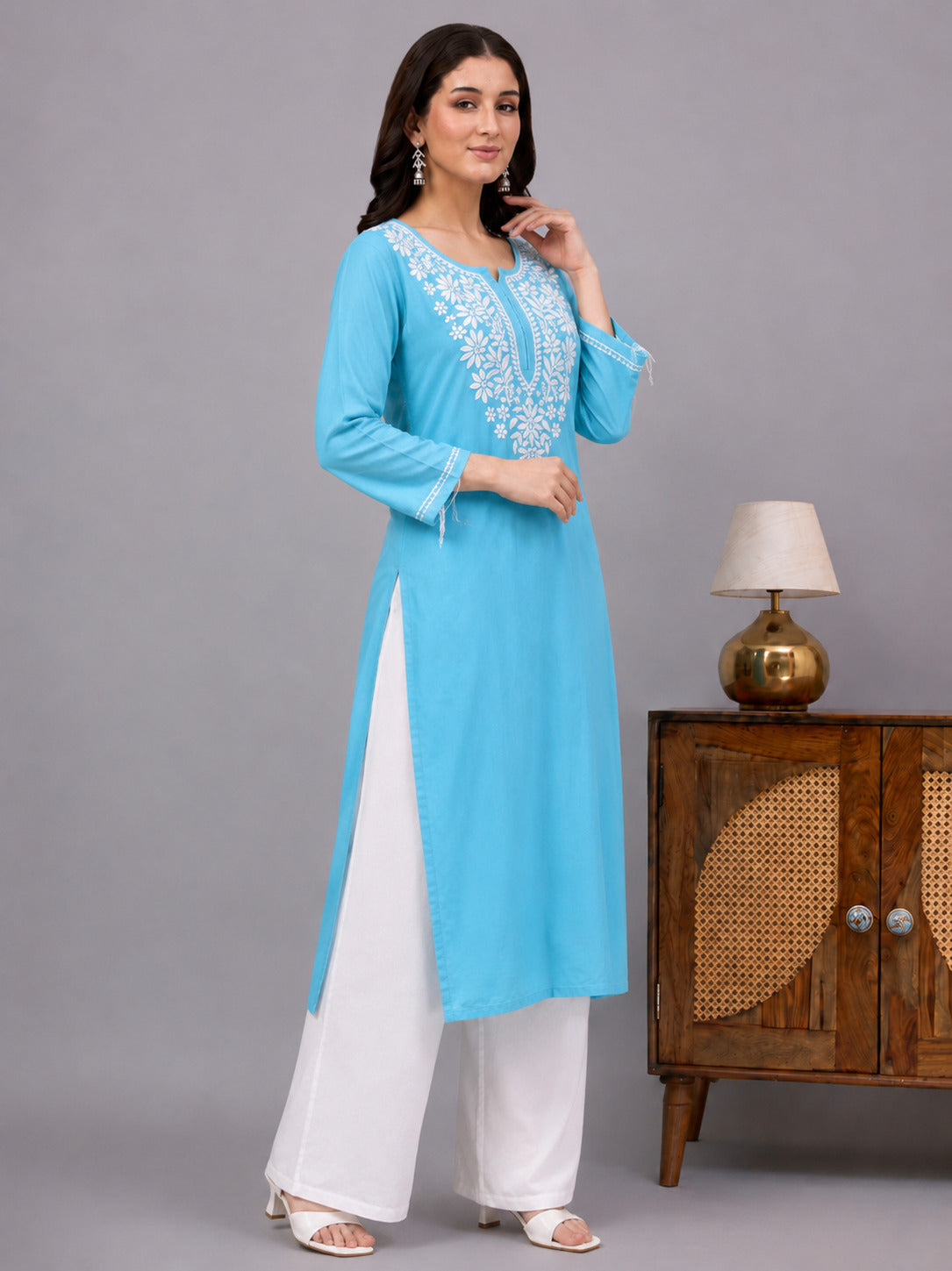 Women's Ranya Rayon Straight Kurti featuring elegant Lucknowi Chikankari embroidery with a flattering straight silhouette, perfect for office wear, casual outings, and everyday ethnic fashion.