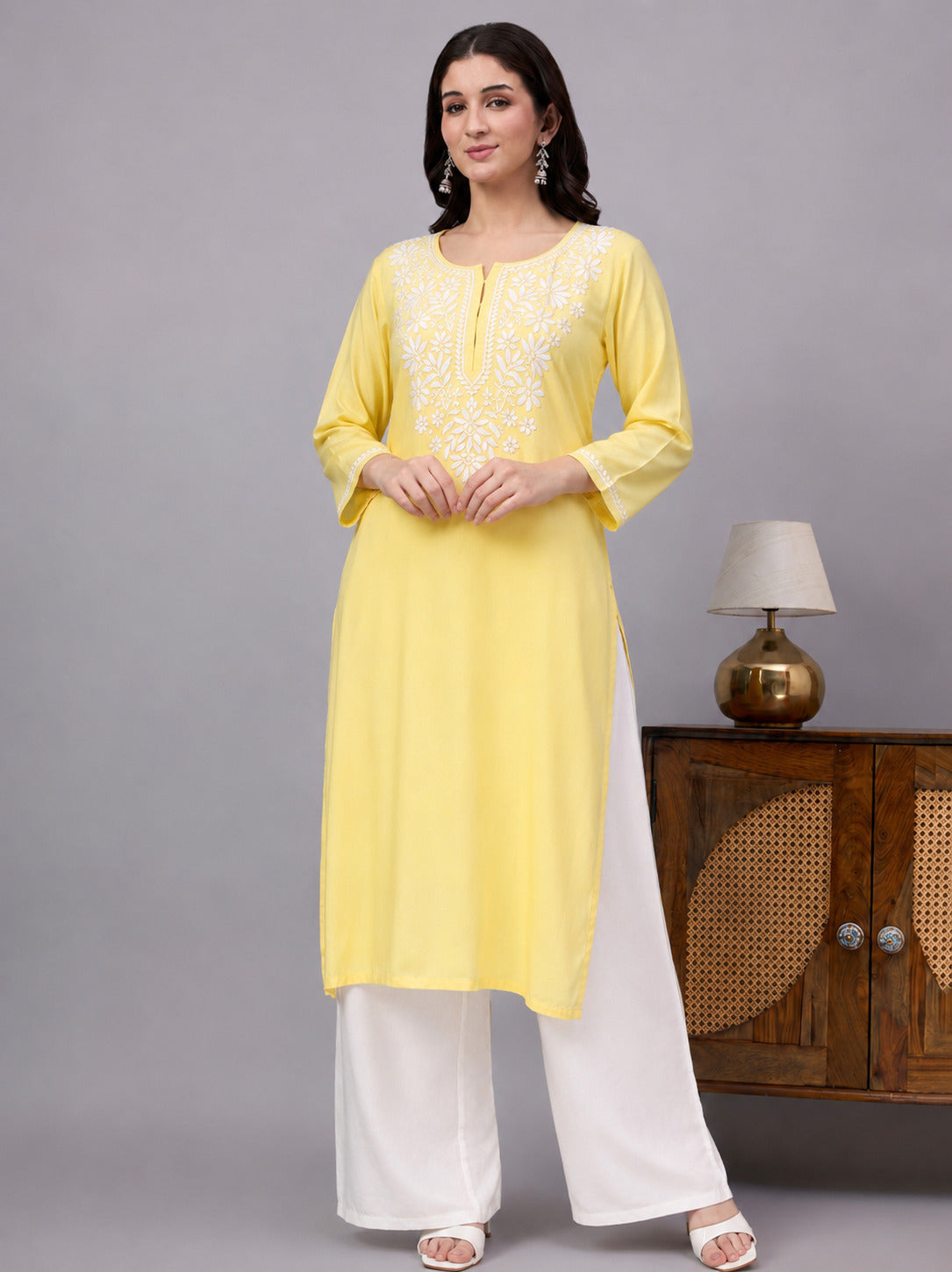 Ranya Rayon Straight Kurti designed with detailed floral Chikankari embroidery, full sleeves, and a graceful straight silhouette for elegant everyday dressing.