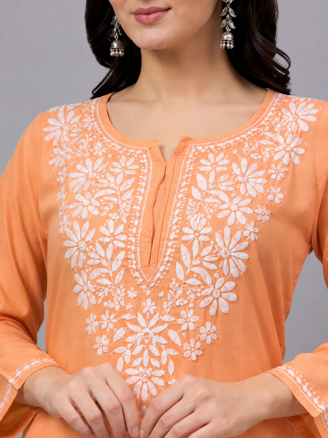 Rayon Chikankari Straight Kurti - Orange