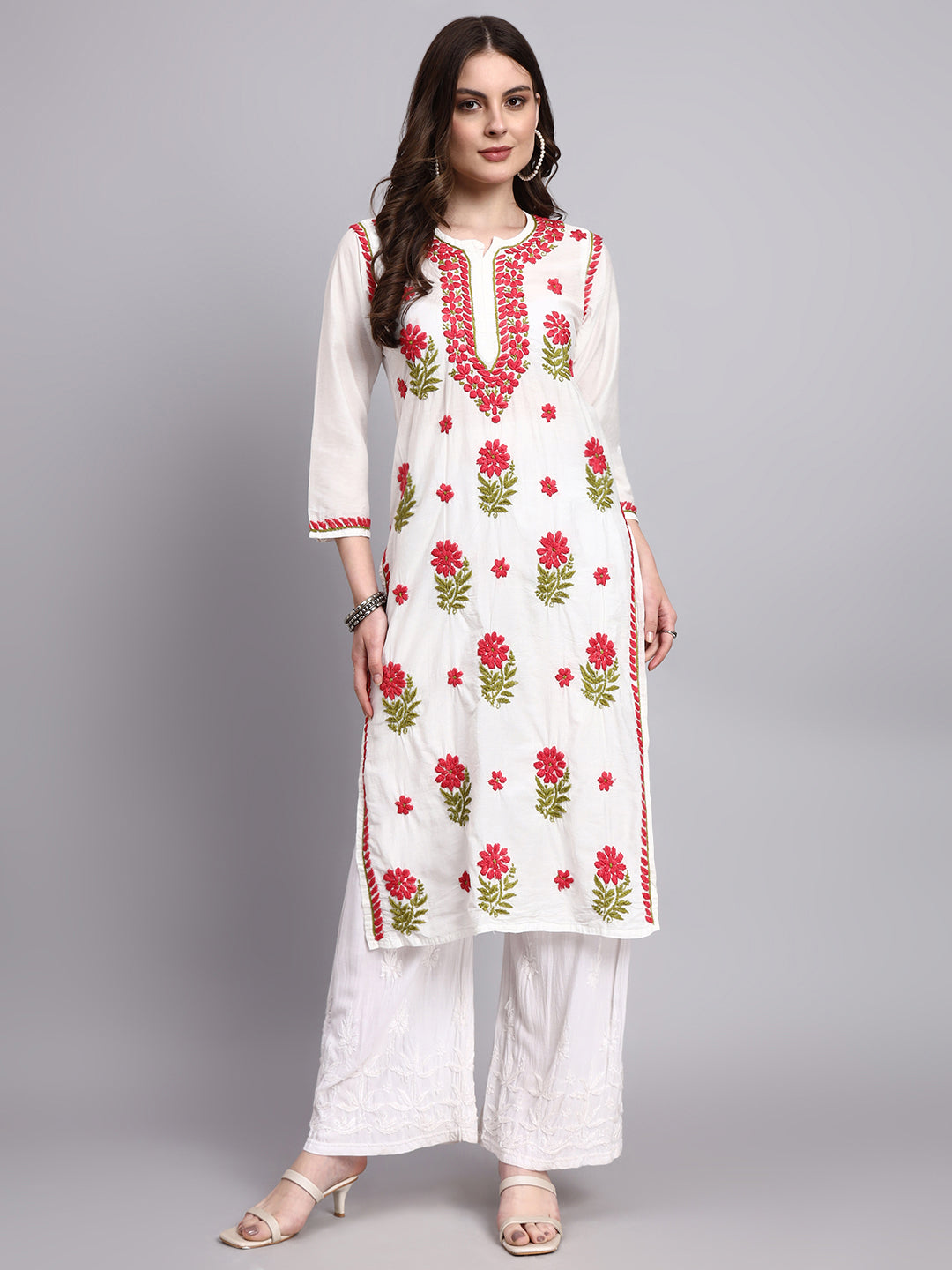 Handcrafted chikankari long kurta made from breathable Chanderi fabric with a flattering straight fit
