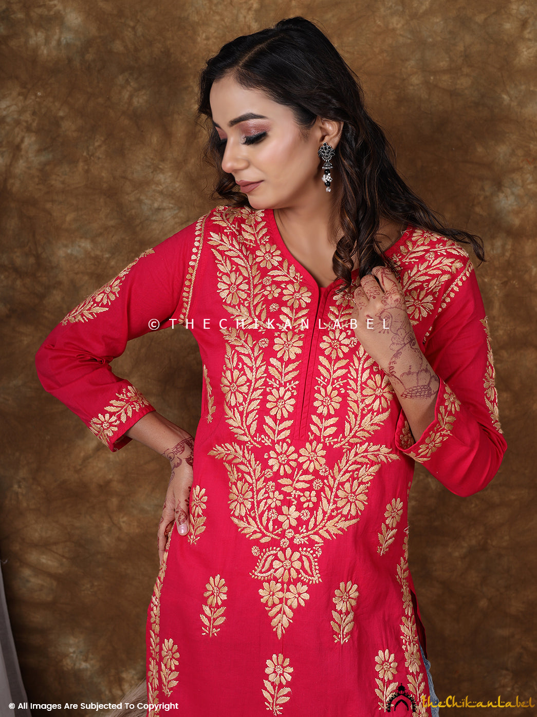 Red Cotton Chikankari Straight Kurti