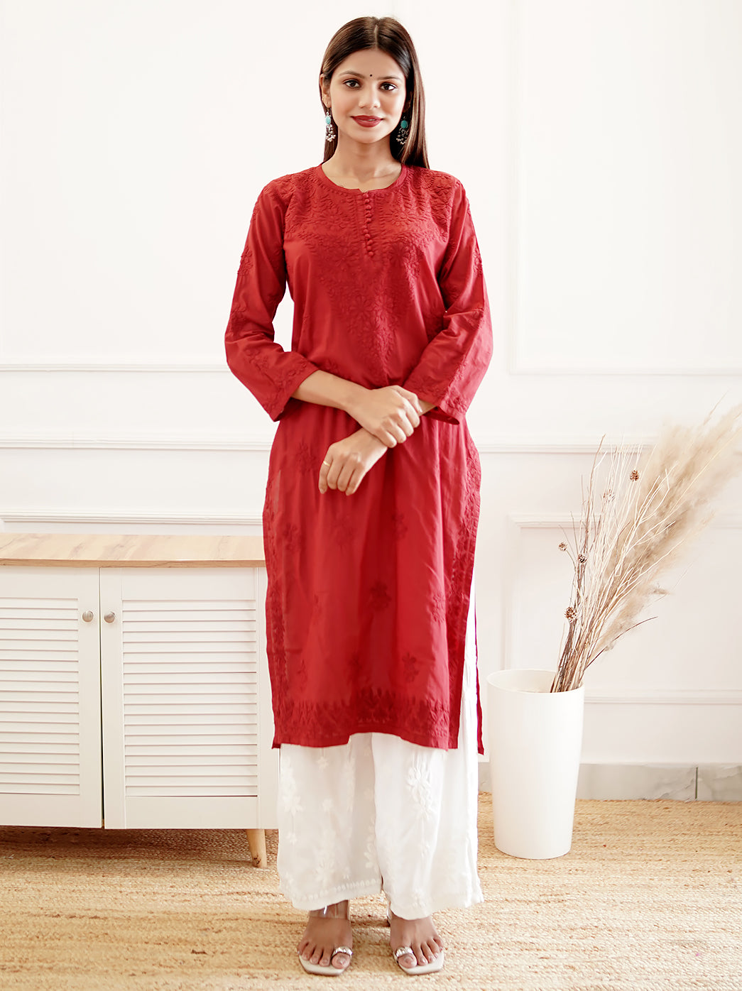 Red Cotton Chikankari Straight Kurti