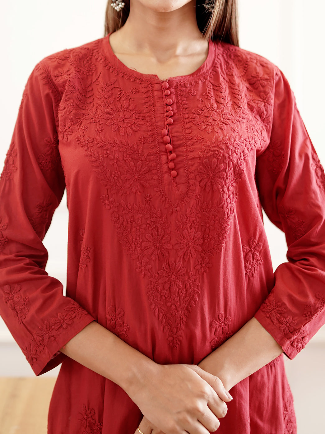 Red Cotton Chikankari Straight Kurti