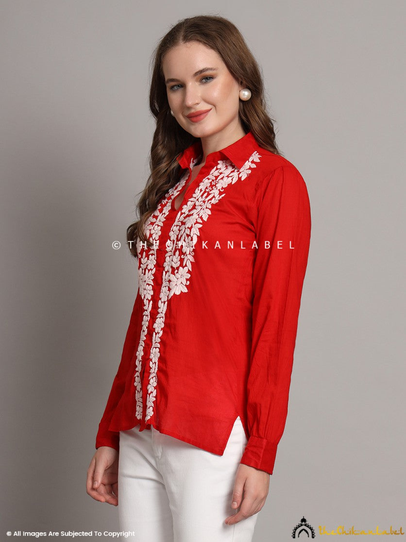 Full outfit with red chikankari shirt and white pants