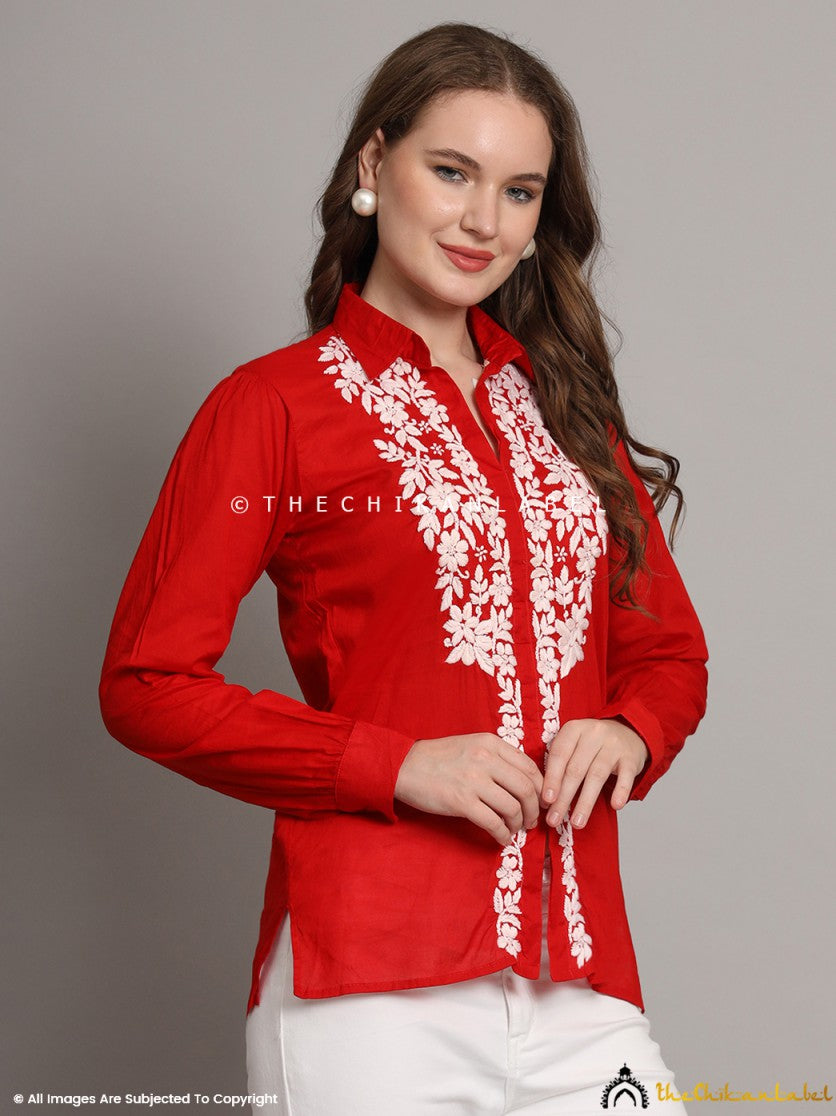 Rear view of red mulmul cotton shirt for women