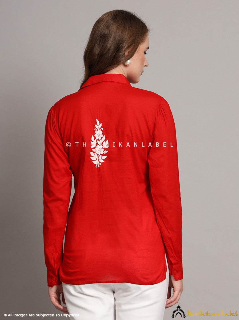 Back view of red mulmul cotton chikankari shirt showcasing clean finish and relaxed fit.