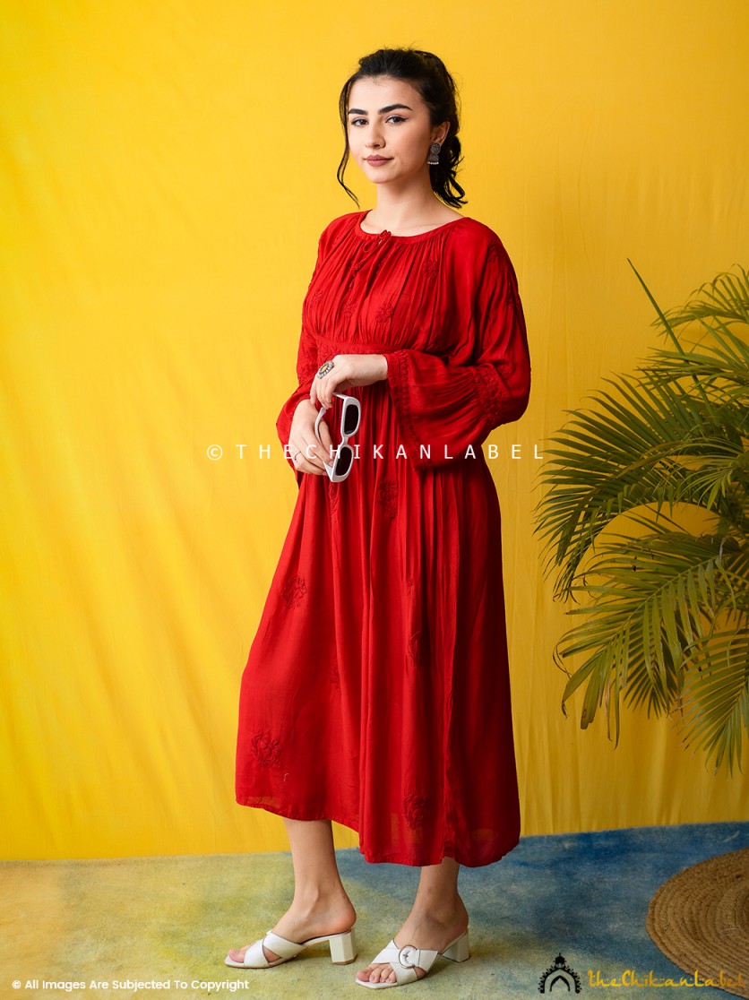 Red Ezzah Muslin Chikankari Tunic Dress