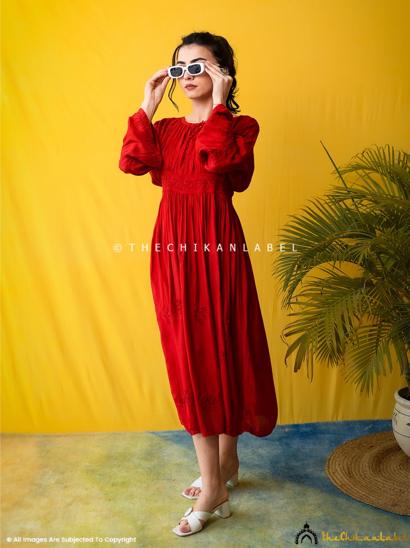 Red Ezzah Muslin Chikankari Tunic Dress