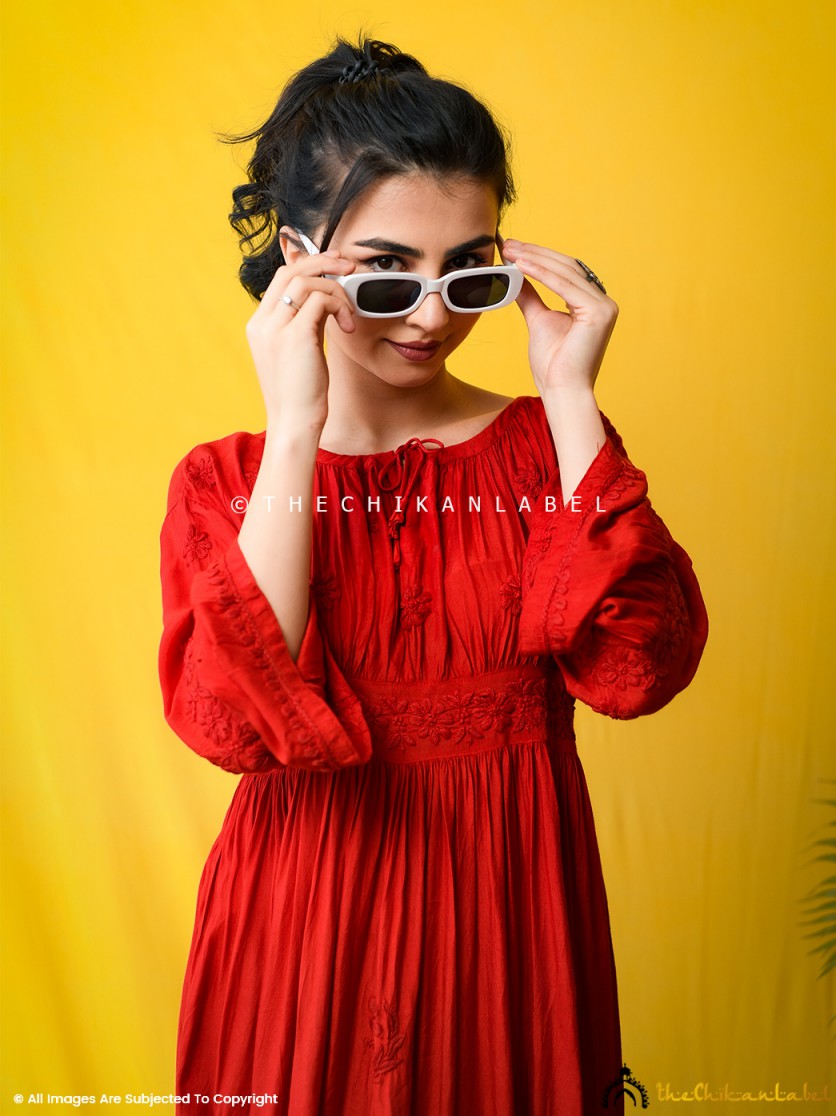 Red Ezzah Muslin Chikankari Tunic Dress