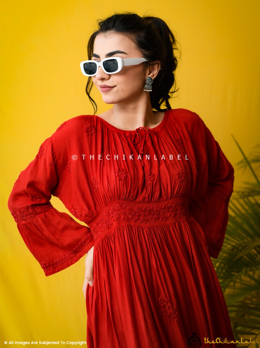 Red Ezzah Muslin Chikankari Tunic Dress