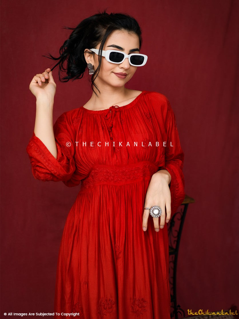 Red Ezzah Muslin Chikankari Tunic Dress
