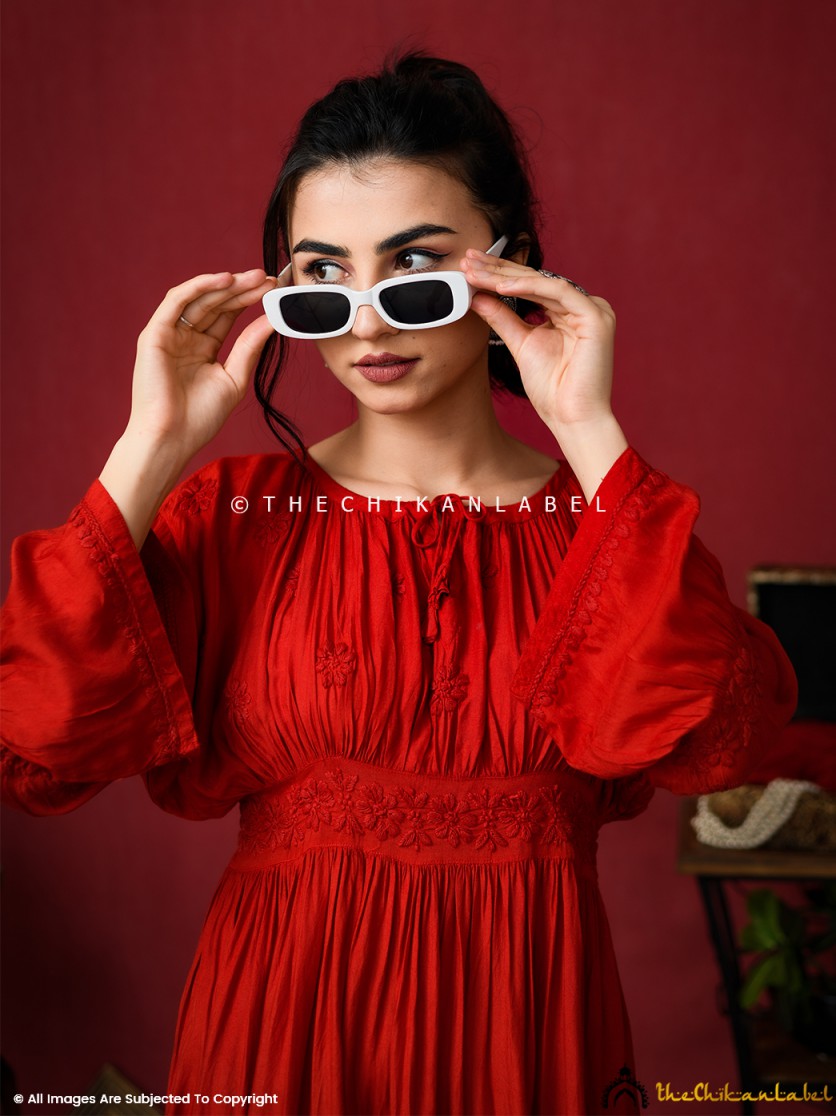 Red Ezzah Muslin Chikankari Tunic Dress