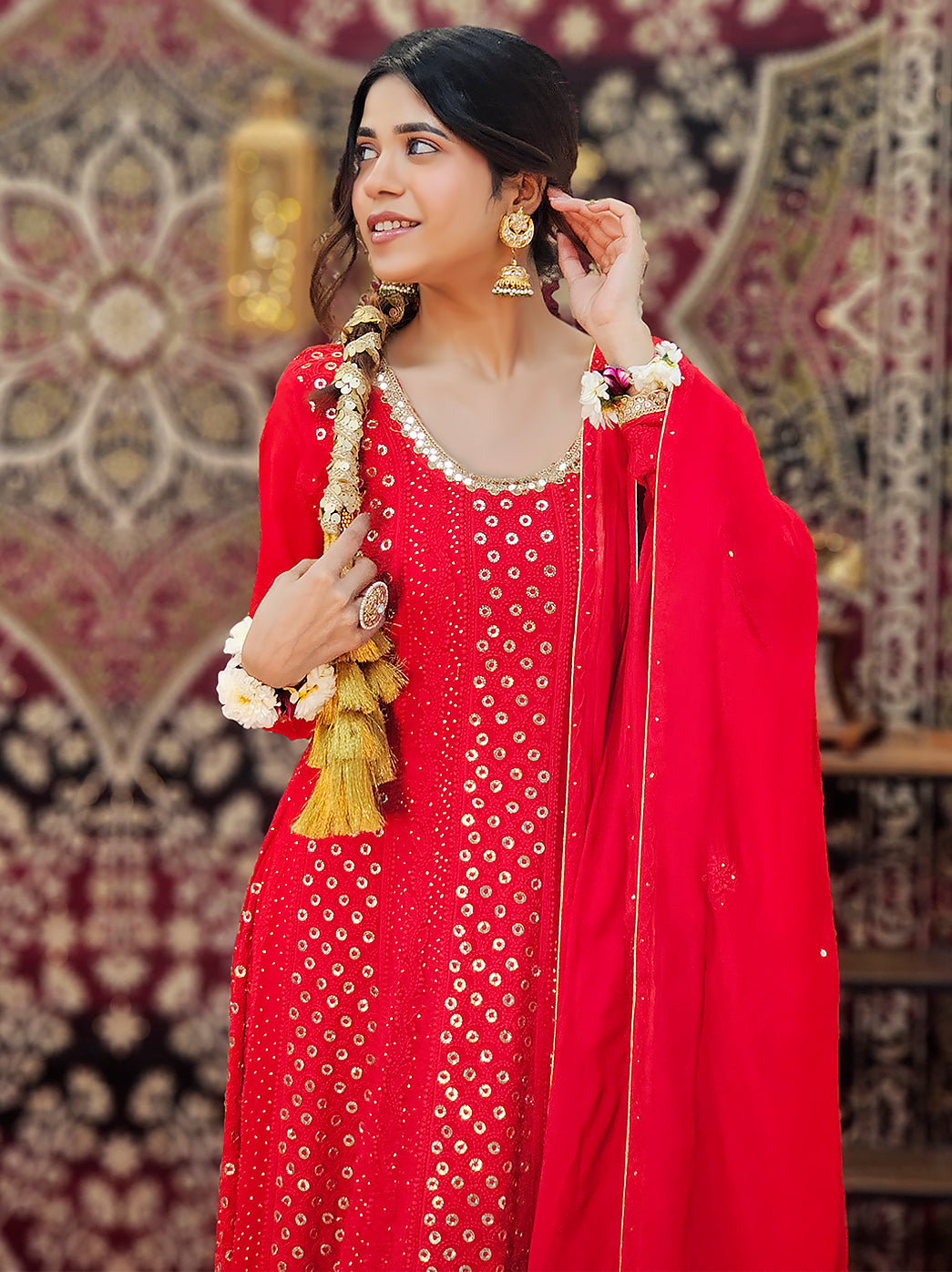 Luxe anarkali gown with square neckline and detailed embroidery on bodice and sleeves, designed for formal Indian events