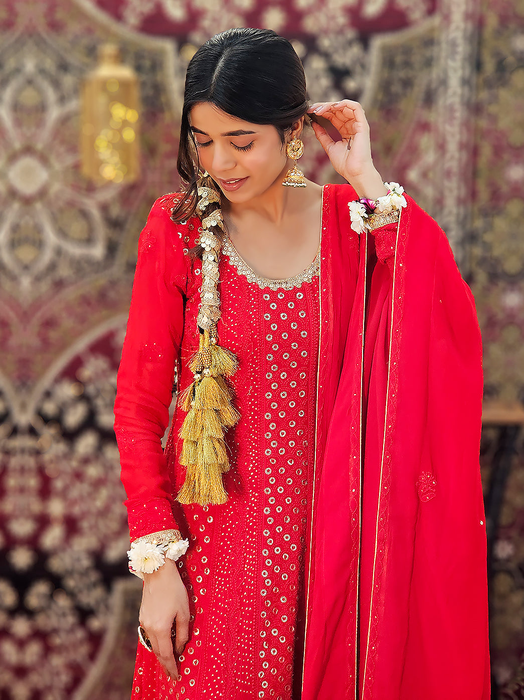 Back view of chikankari anarkali dress with detailed embroidery, ideal for mehendi, sangeet, and receptions