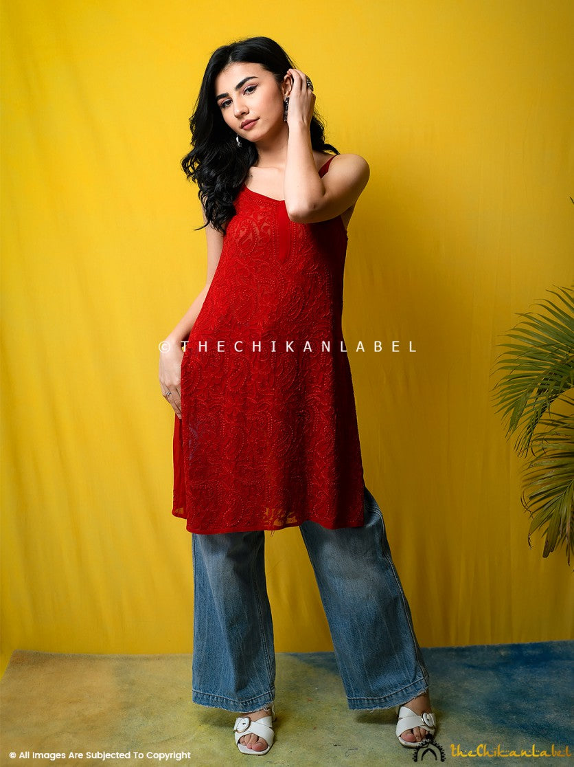 Red Jia Viscose Chikankari Strappy Short Kurta