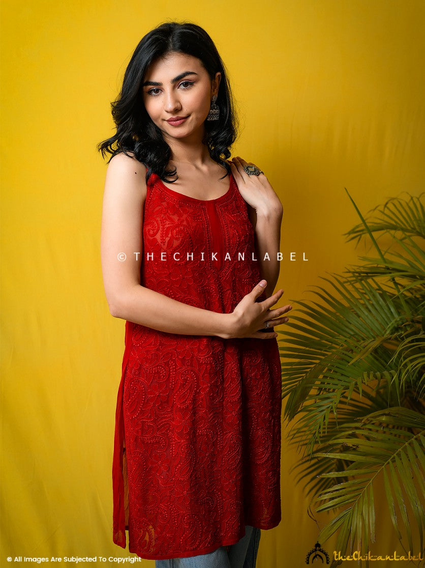 Red Jia Viscose Chikankari Strappy Short Kurta