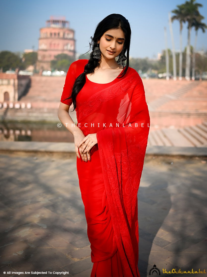 Artisan-made viscose chikankari saree highlighting timeless craftsmanship and traditional embroidery patterns.