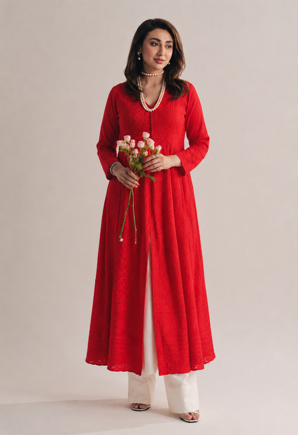 Red Naveli Slit Chikankari Kurti