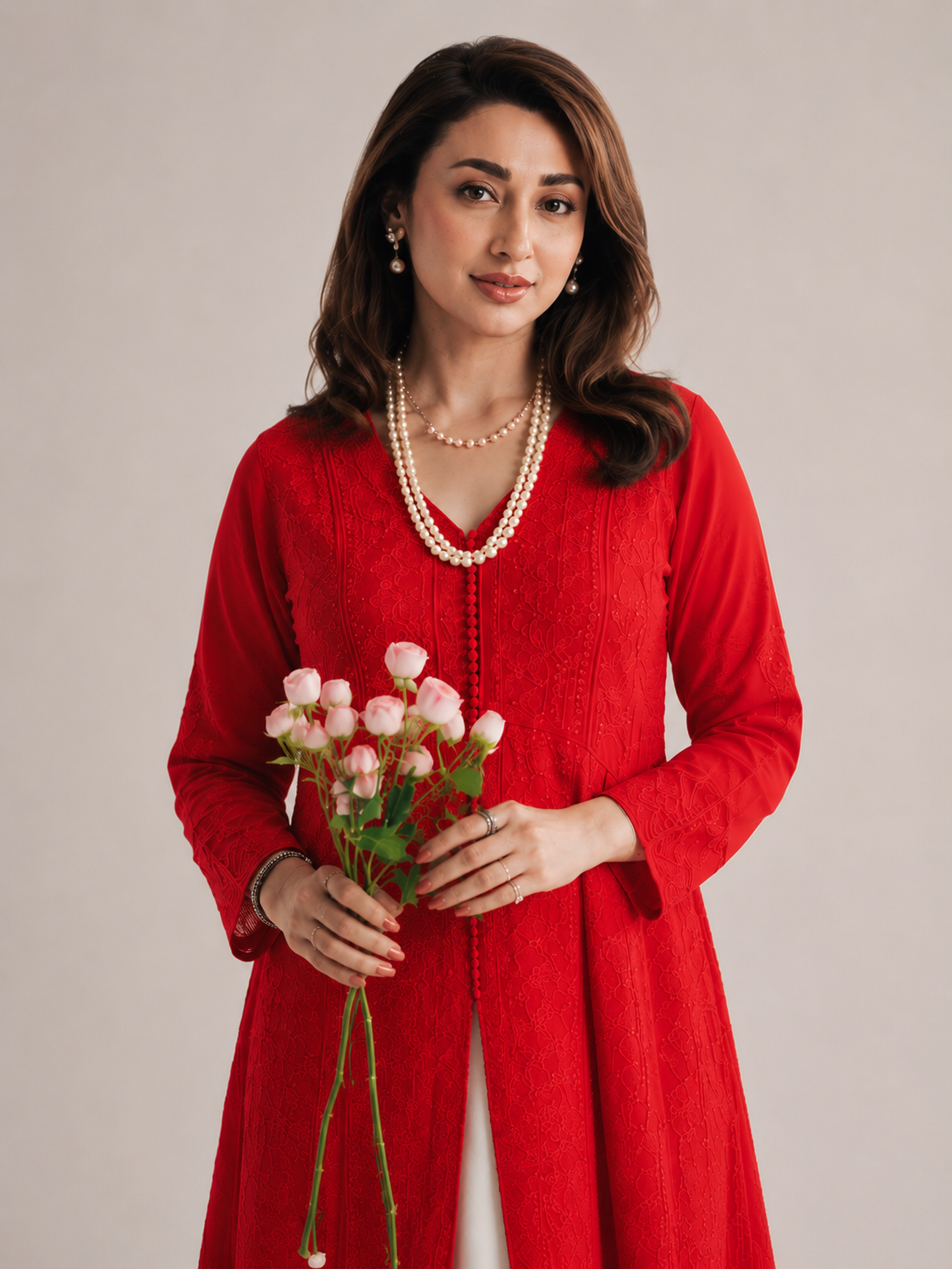 Red Naveli Slit Chikankari Kurti