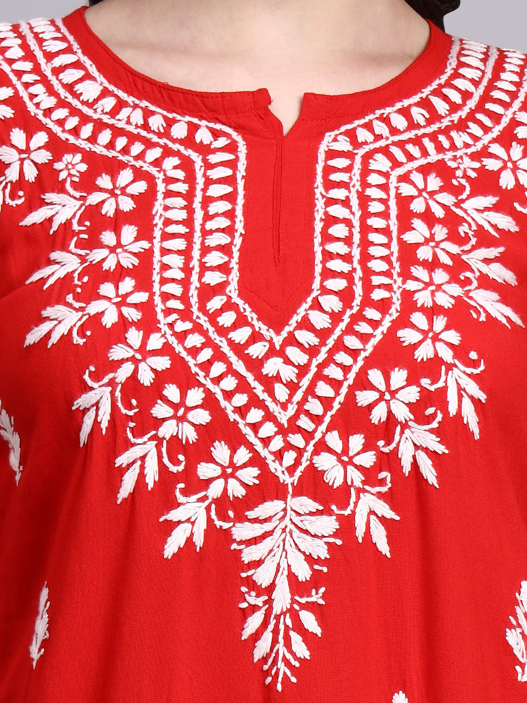 Rayon short kurta for women featuring traditional chikankari embroidery crafted by skilled artisans