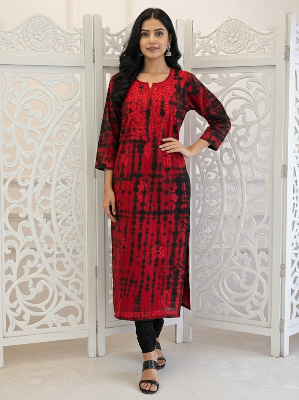 Red Tie And Dye Cotton Chikankari Straight Kurti