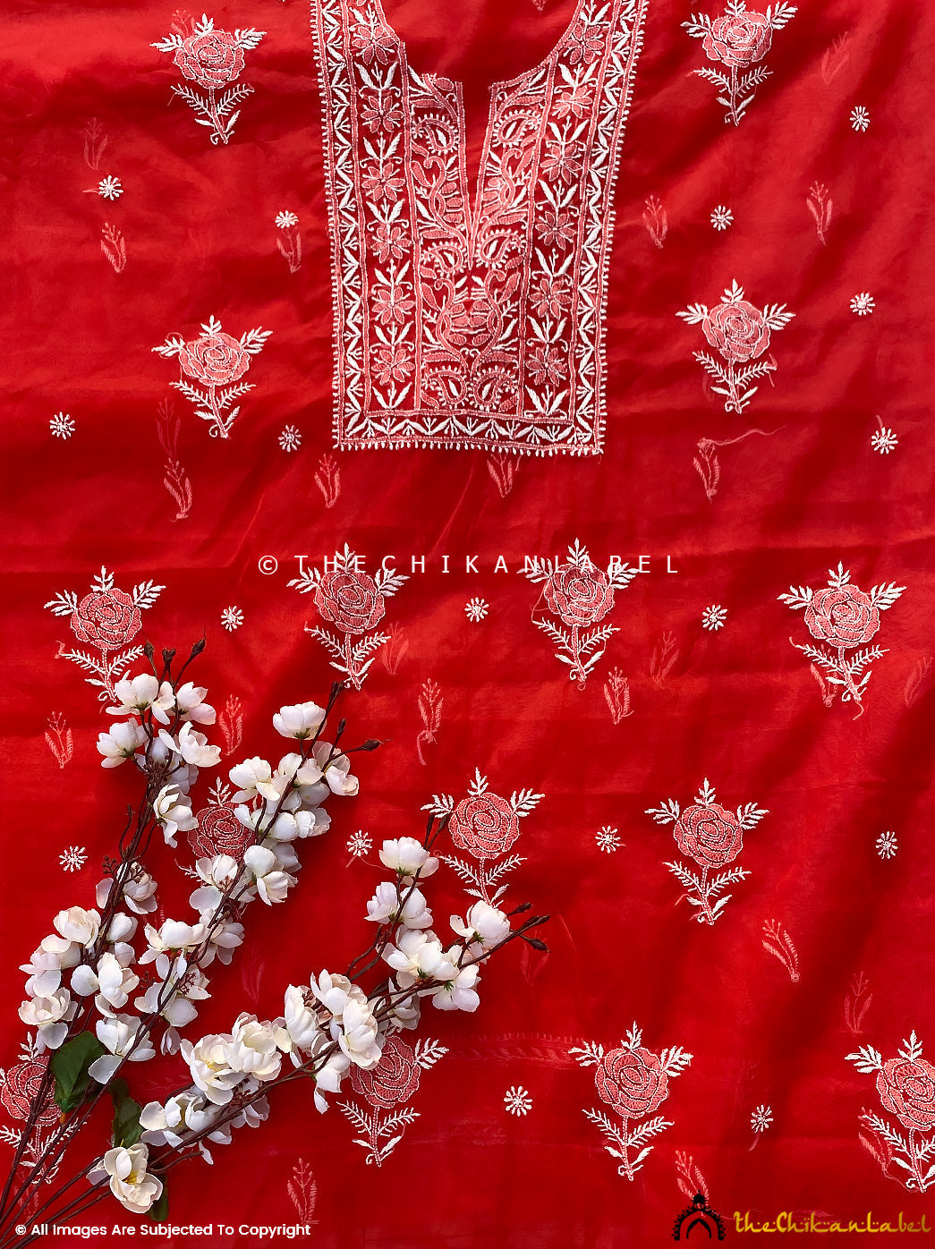 Nazrana Organza Chikankari Kurti Piece with Dupatta - Red