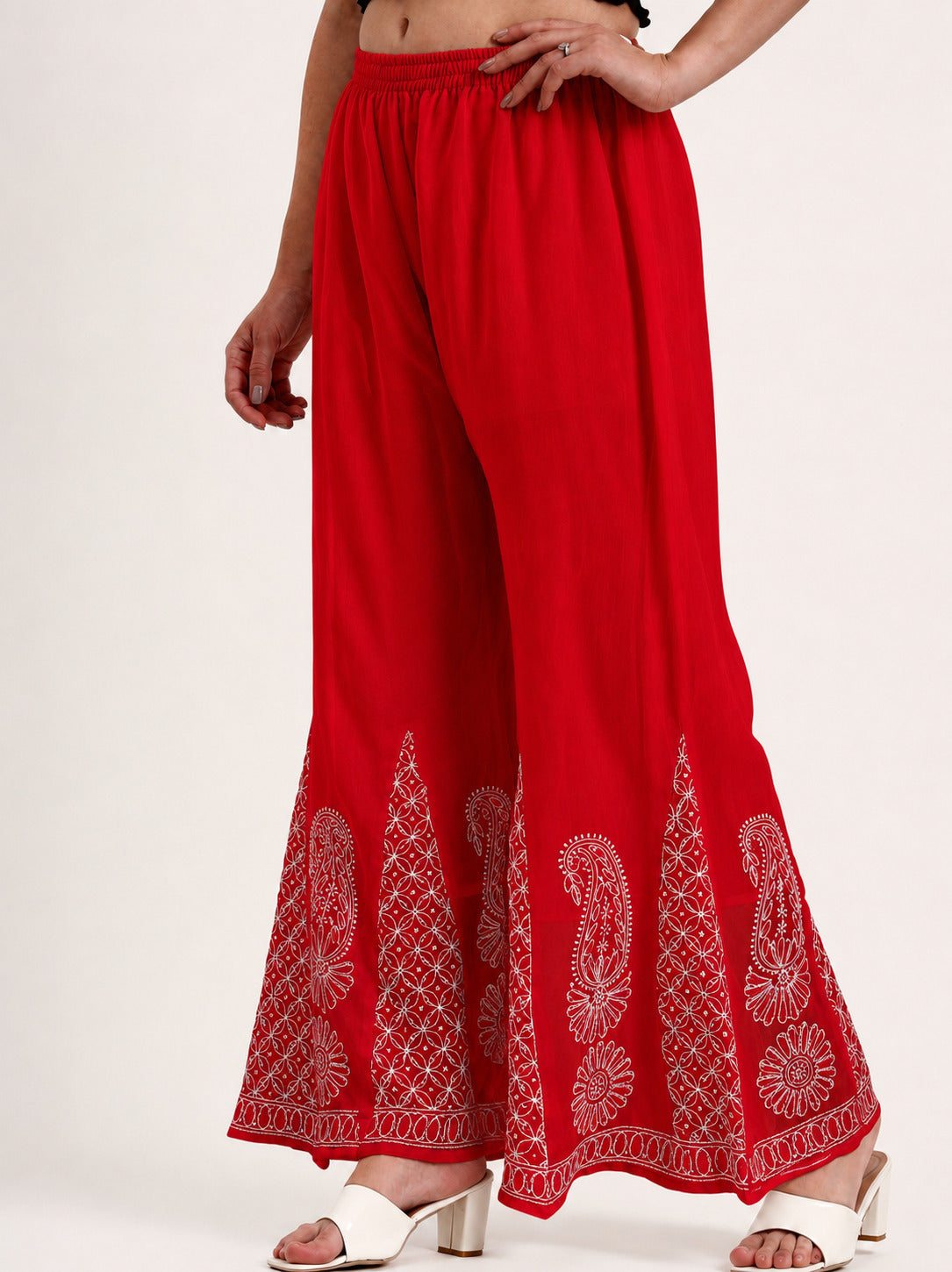 Red Areeba Georgette Chikankari Sharara With White Threadwork