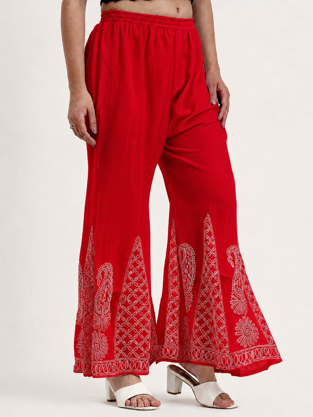 Red Areeba Georgette Chikankari Sharara With White Threadwork