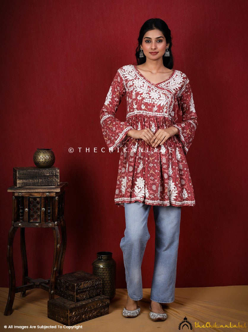 Saanjh Mulmul Cotton Chikankari Angrakha Top -Red
