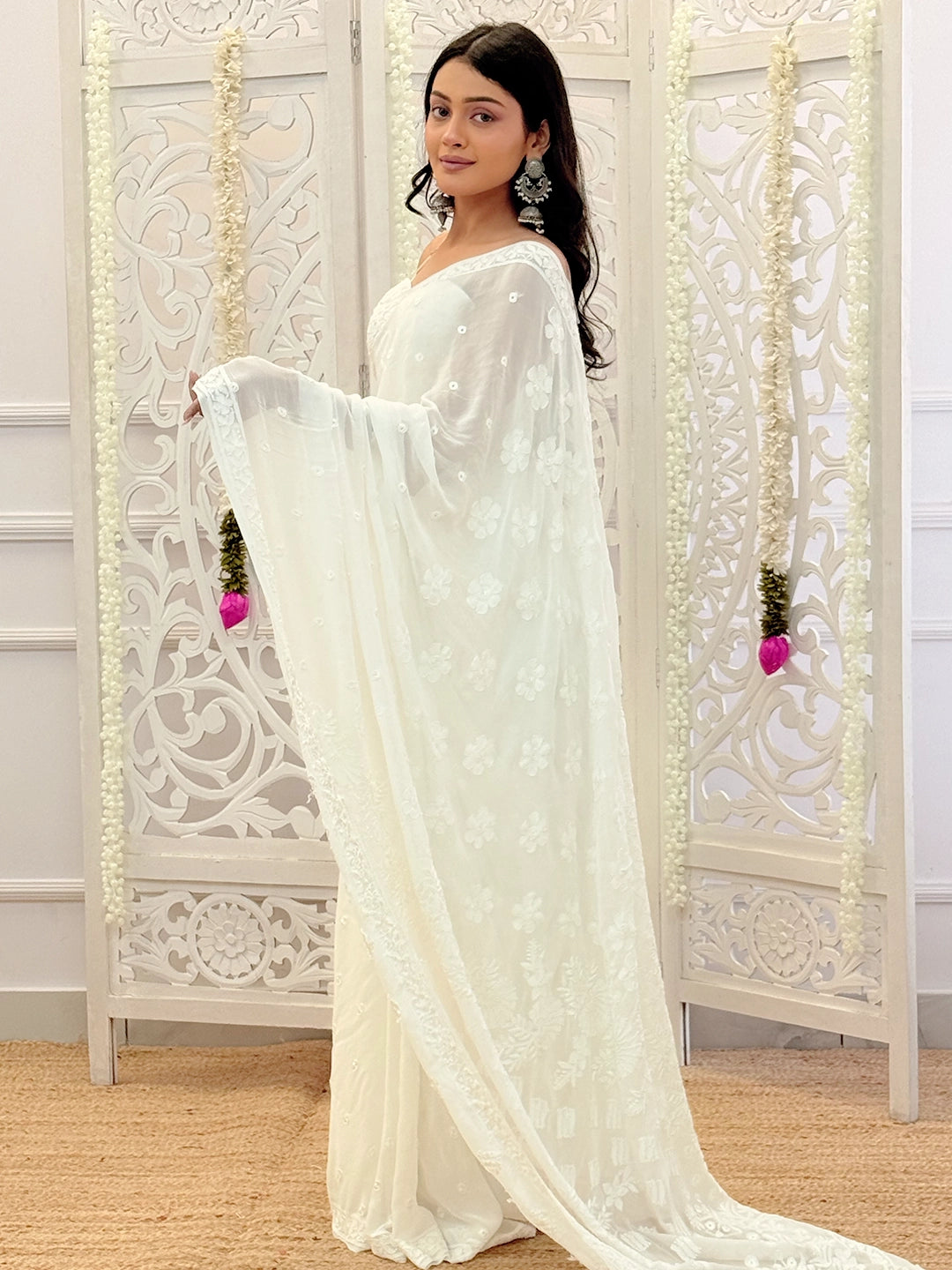 Artisanal chikankari viscose saree ideal for celebrations, weddings, and festive gatherings.