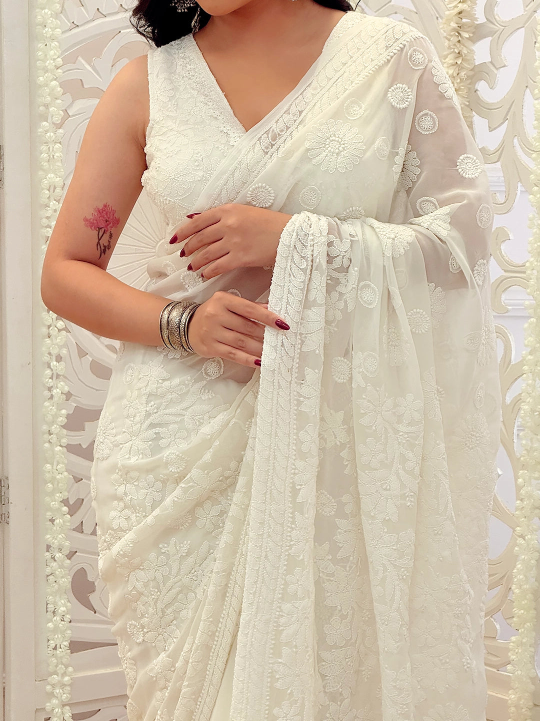 Risha Georgette Chikankari Saree - White