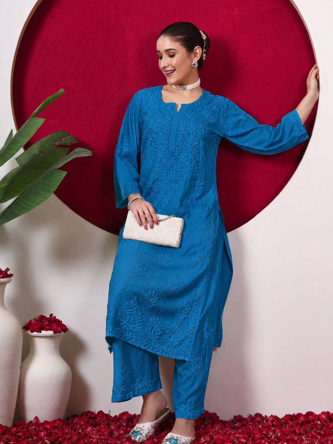 Rishika Rayon Chikankari Kurta Set - Blue