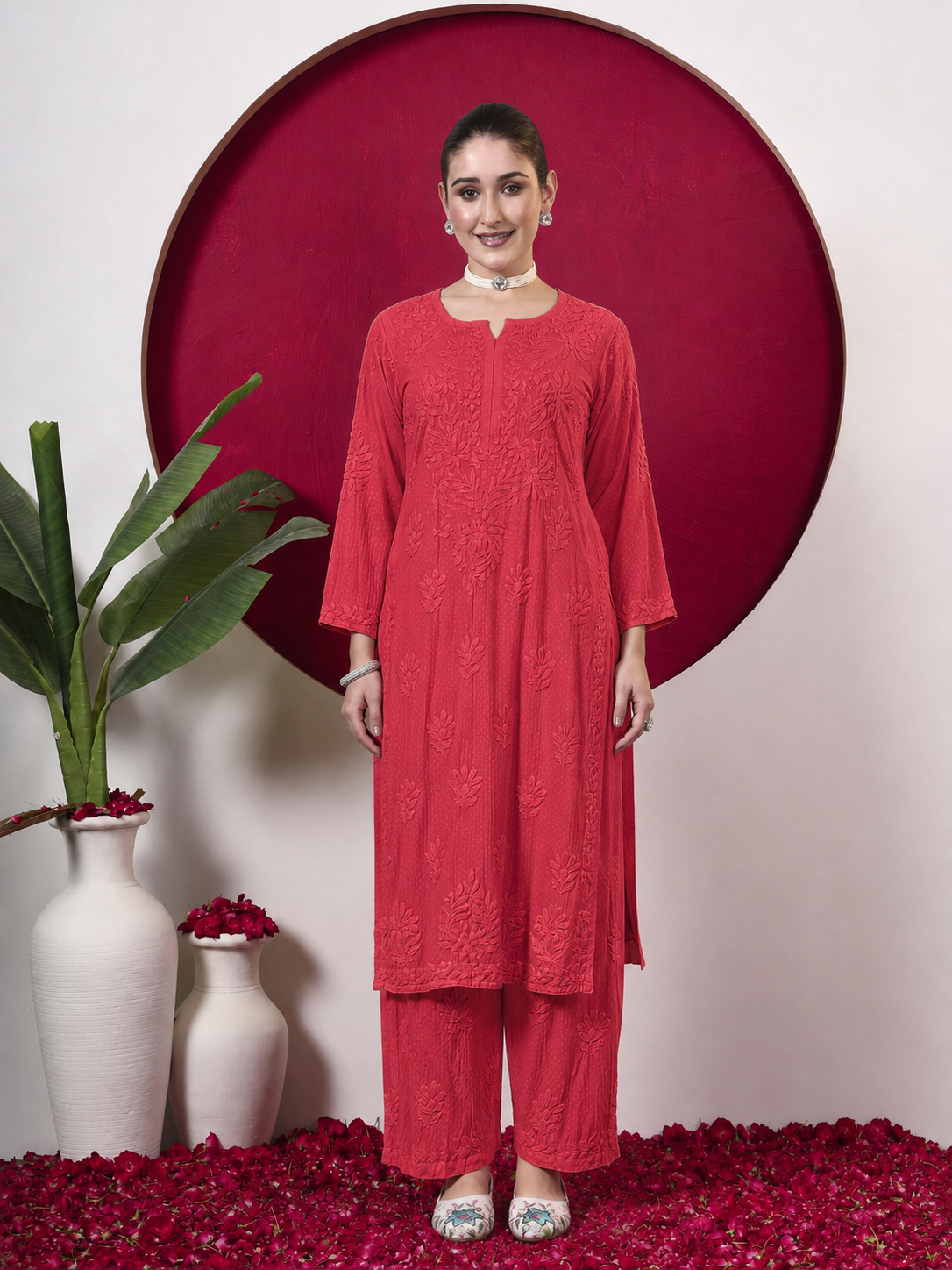 Rishika Rayon Chikankari Kurta Set - Coral