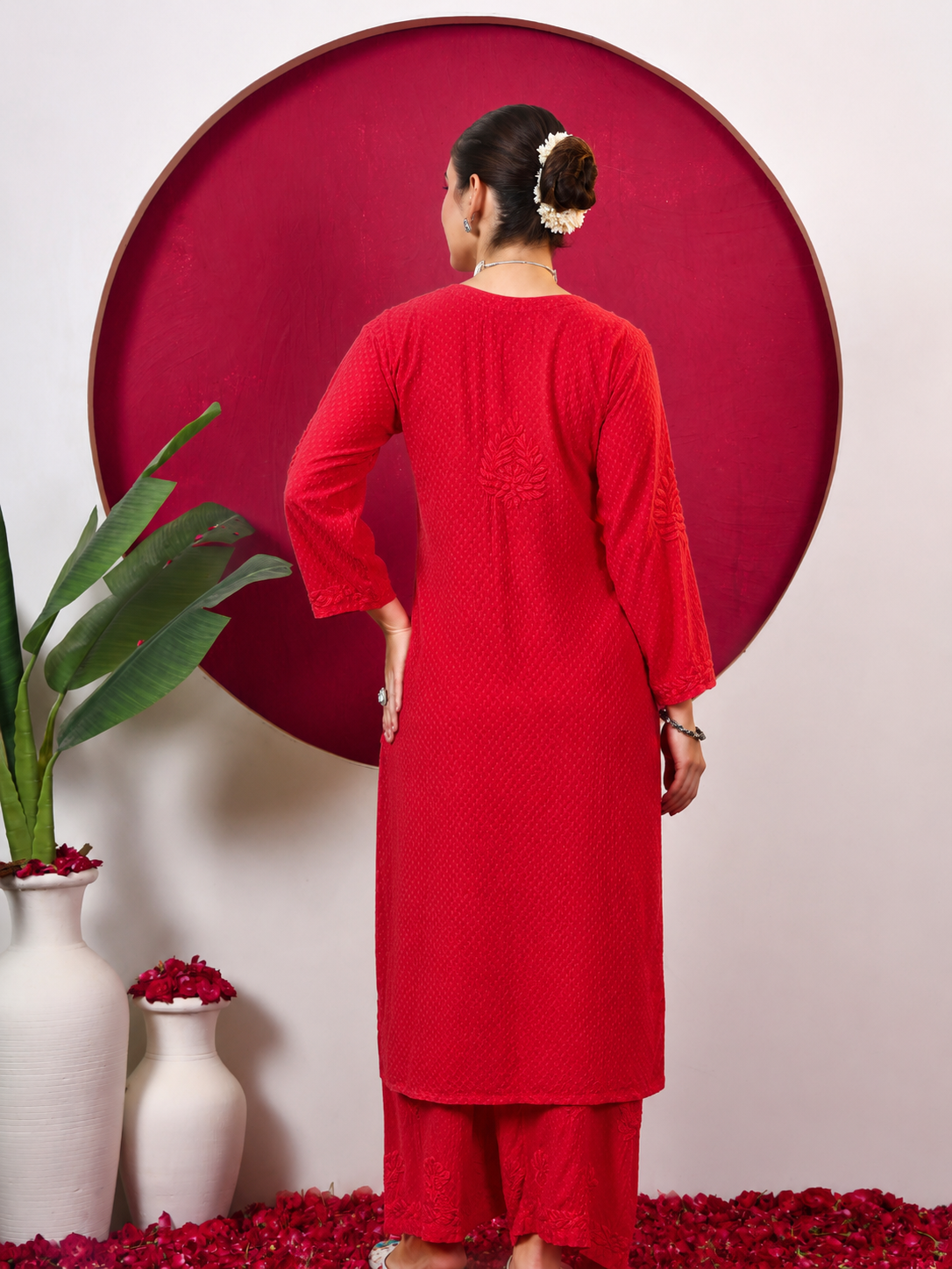 Rishika Rayon Chikankari Kurta Set - Red