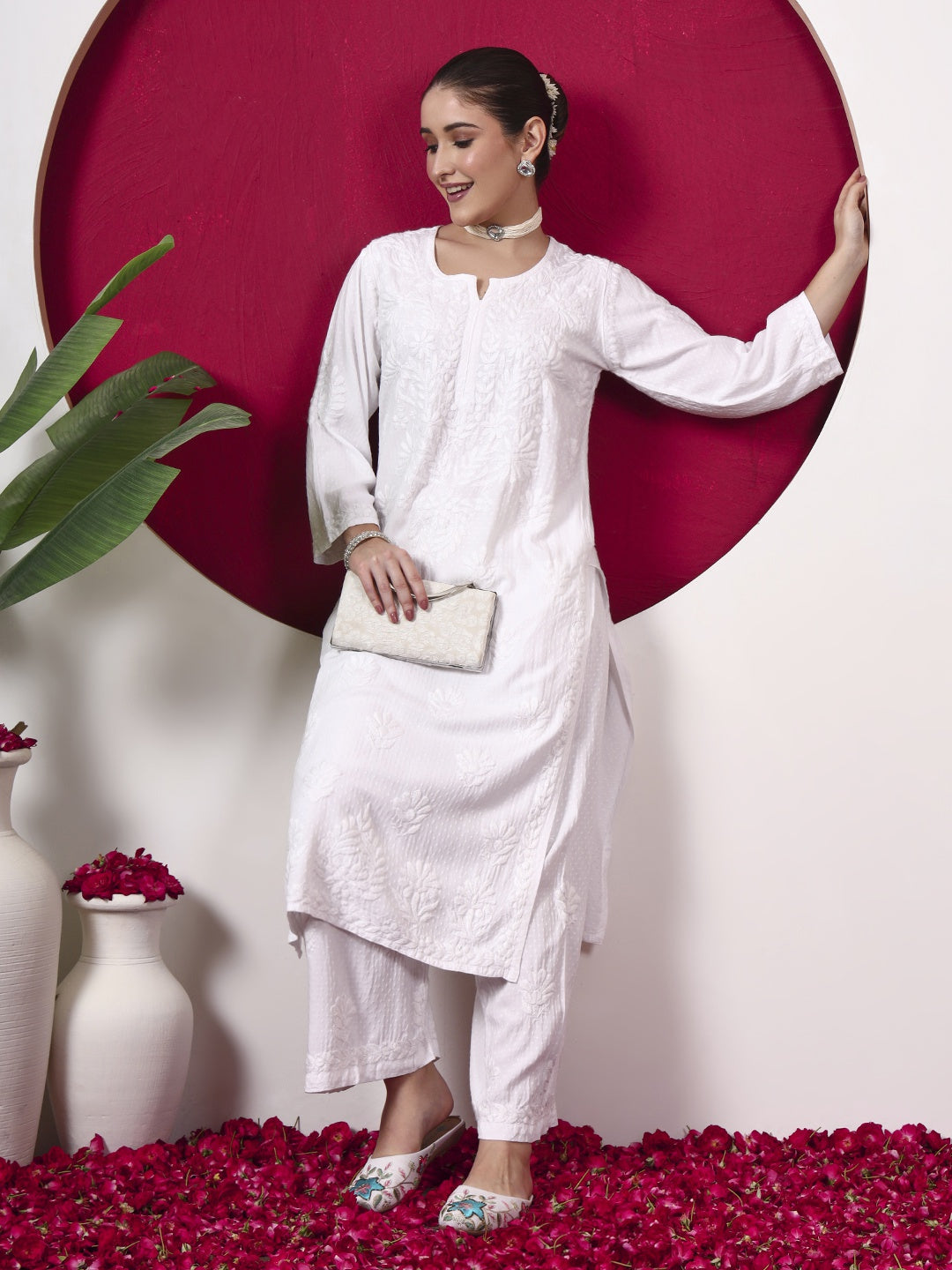 Rishika Rayon Chikankari Kurta Set - White
