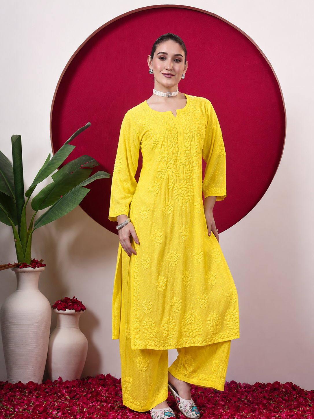 Rishika Rayon Chikankari Kurta Set - Yellow
