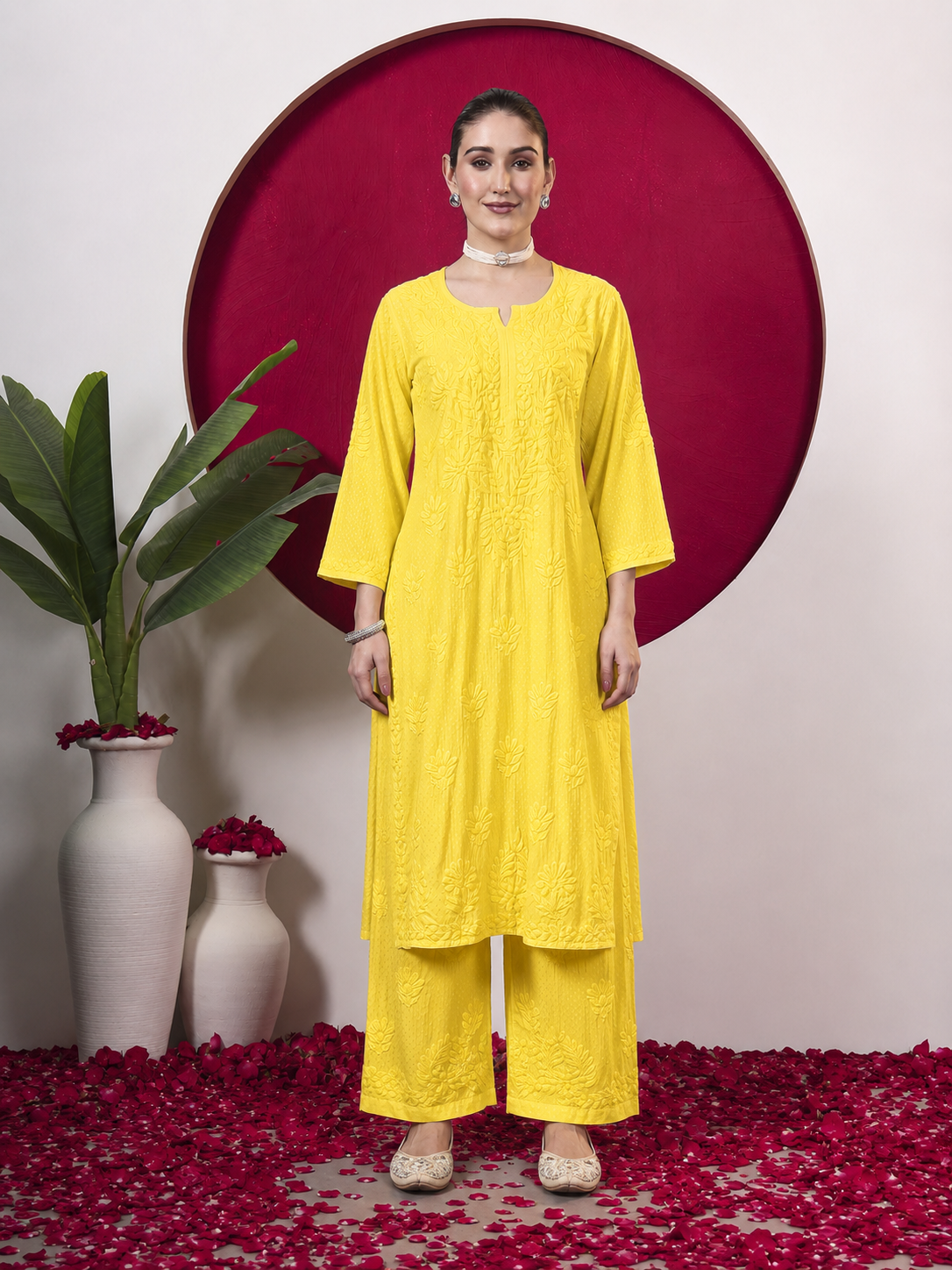 Rishika Rayon Chikankari Kurta Set - Yellow