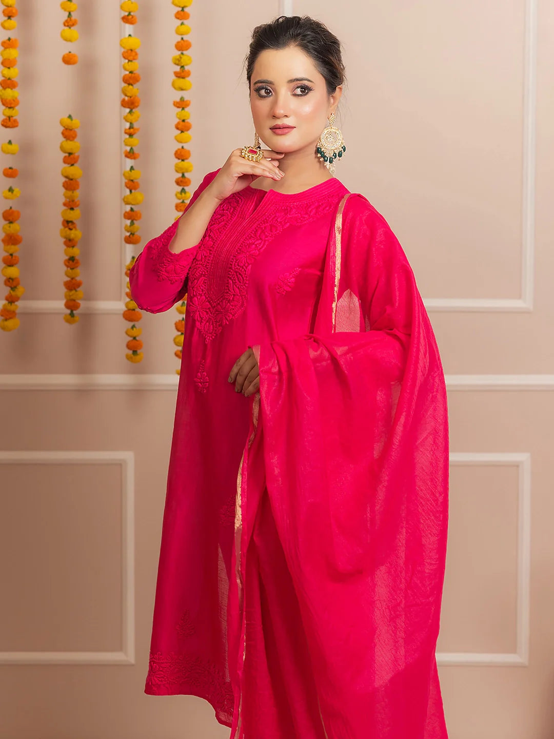Hot Pink Riwaayat Chanderi Chikankari Kurta Set