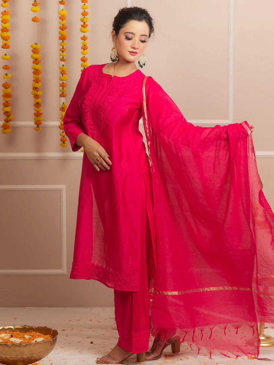 Hot Pink Riwaayat Chanderi Chikankari Kurta Set