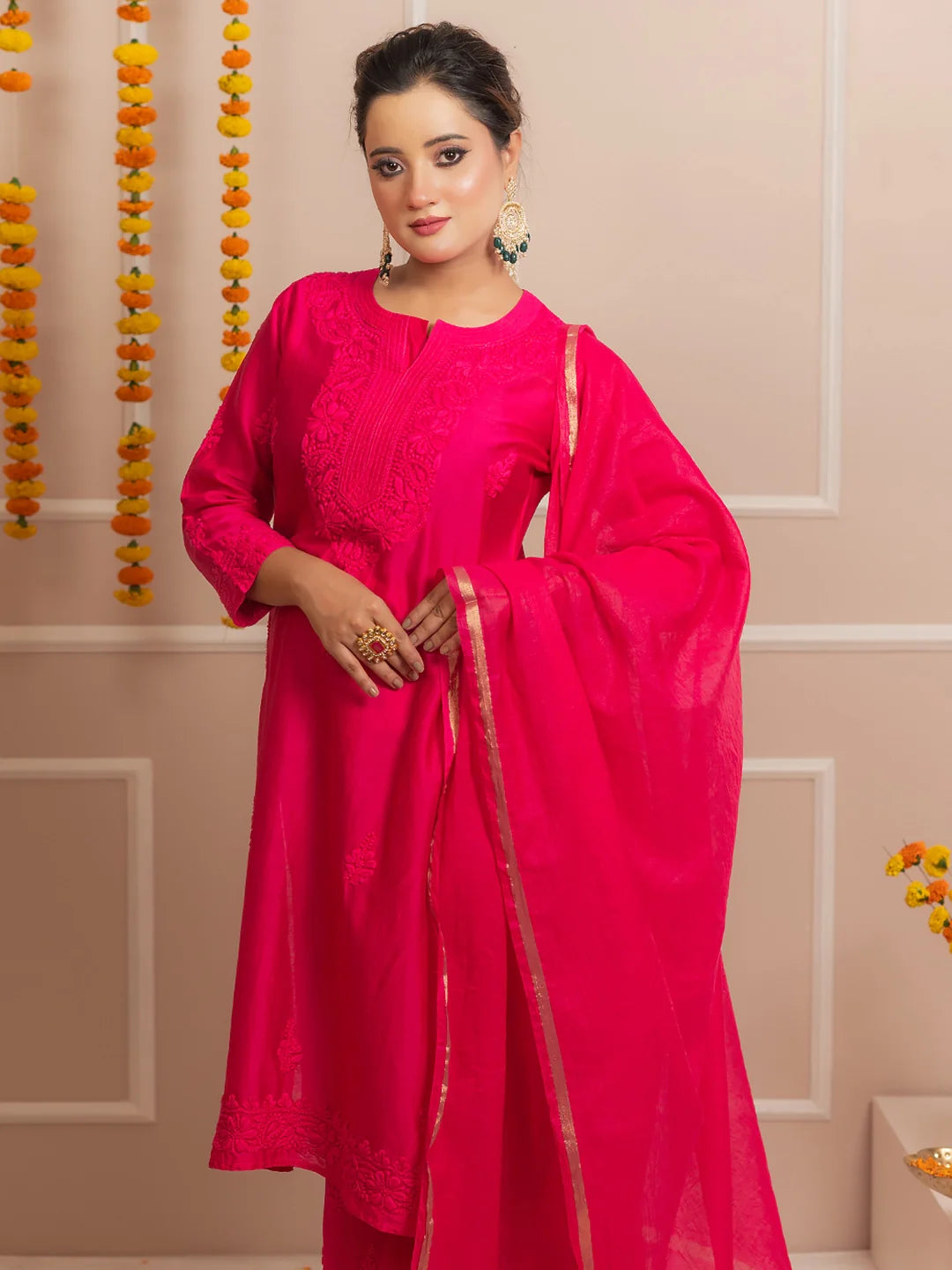 Hot Pink Riwaayat Chanderi Chikankari Kurta Set