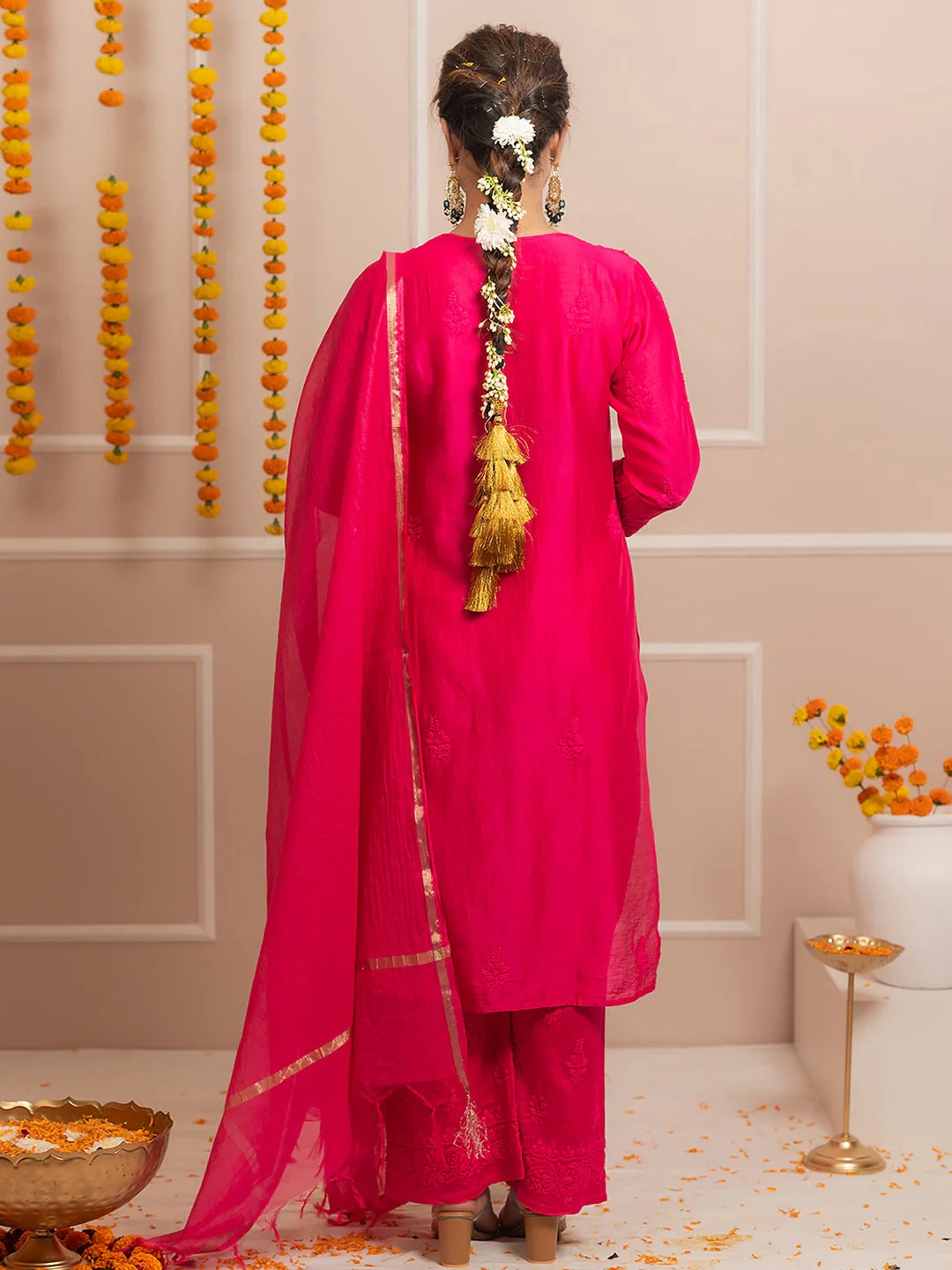 Hot Pink Riwaayat Chanderi Chikankari Kurta Set