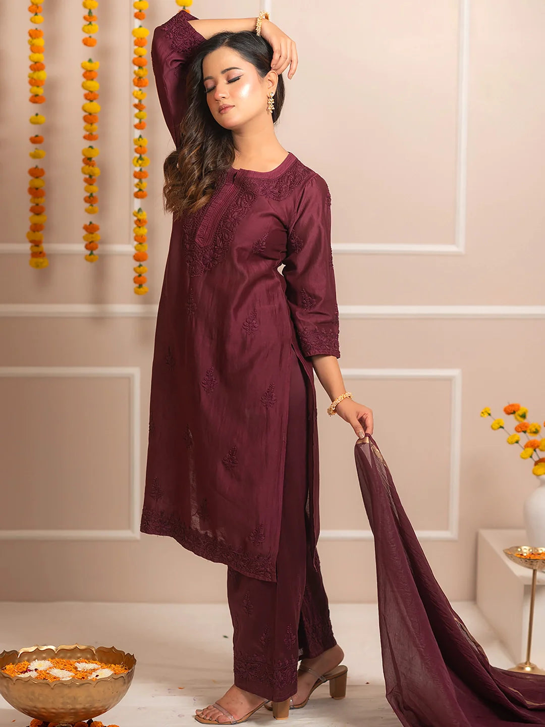 Wine Riwaayat Chanderi Chikankari Kurta Set