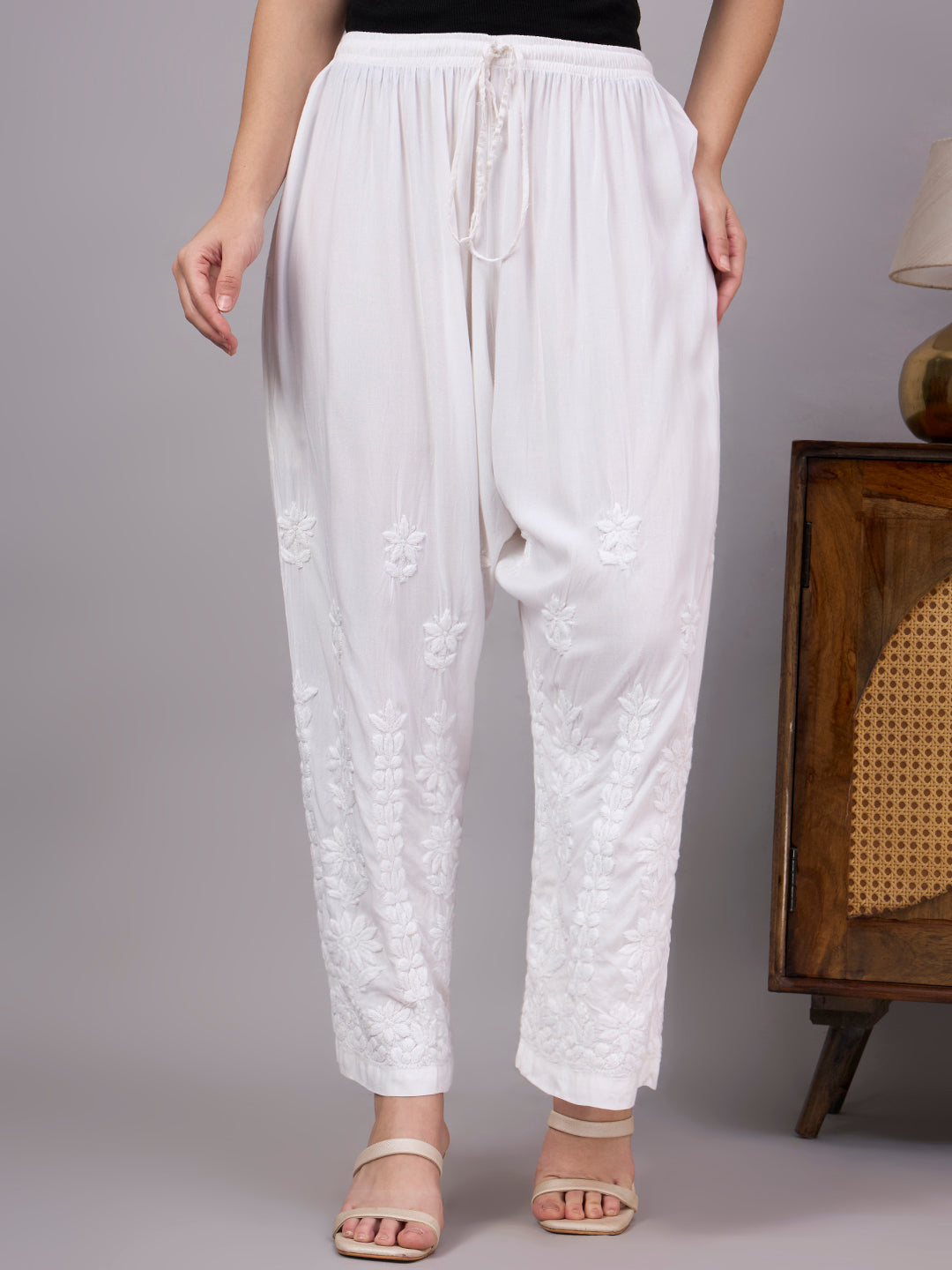 Rayon Straight Palazzo featuring authentic Lucknowi Chikankari embroidery with a comfortable relaxed fit for everyday ethnic styling