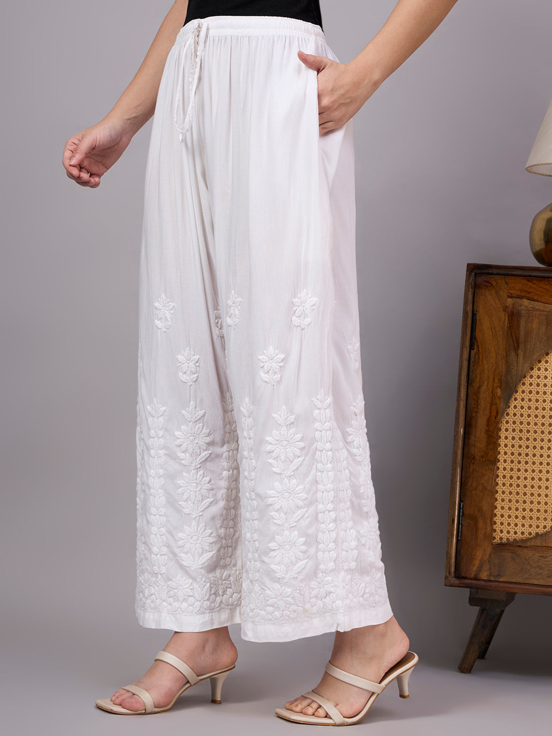 Trending bottom wear for women featuring elegant Chikankari work and versatile styling with kurtis, tops, and tunics