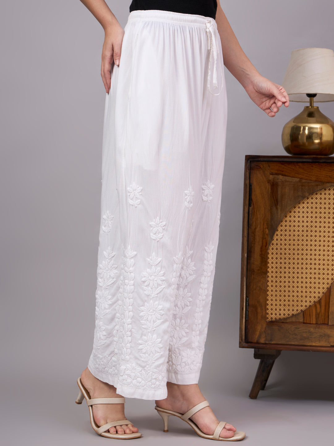 Handmade Lucknowi Chikankari Palazzo with premium rayon fabric and graceful embroidery detailing for modern ethnic fashion