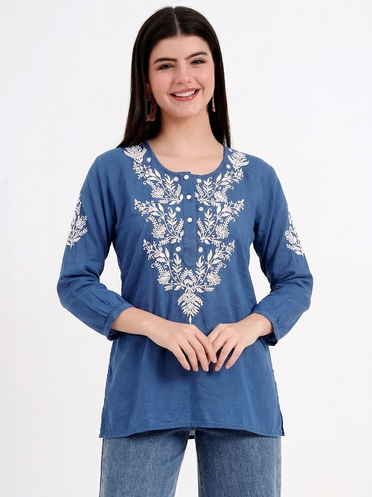 Premium chikankari shirt in soft mulmul cotton with elegant embroidery design and relaxed fit