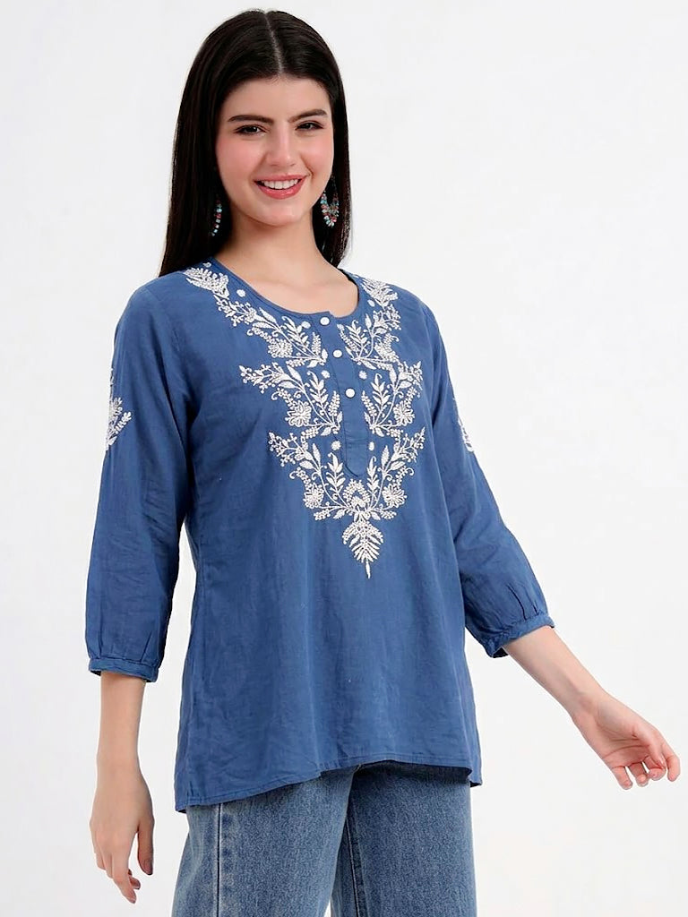 Hand embroidered chikankari shirt made from lightweight mulmul cotton for comfortable daily styling