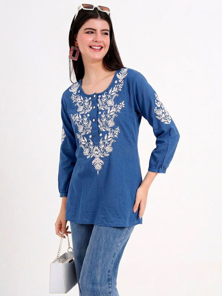 Hand embroidered chikankari shirt made from lightweight mulmul cotton for comfortable daily styling