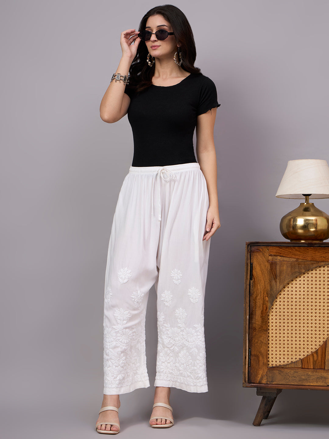 Premium Rayon Straight Palazzo showcasing heritage embroidery techniques with modern comfortable bottom wear styling