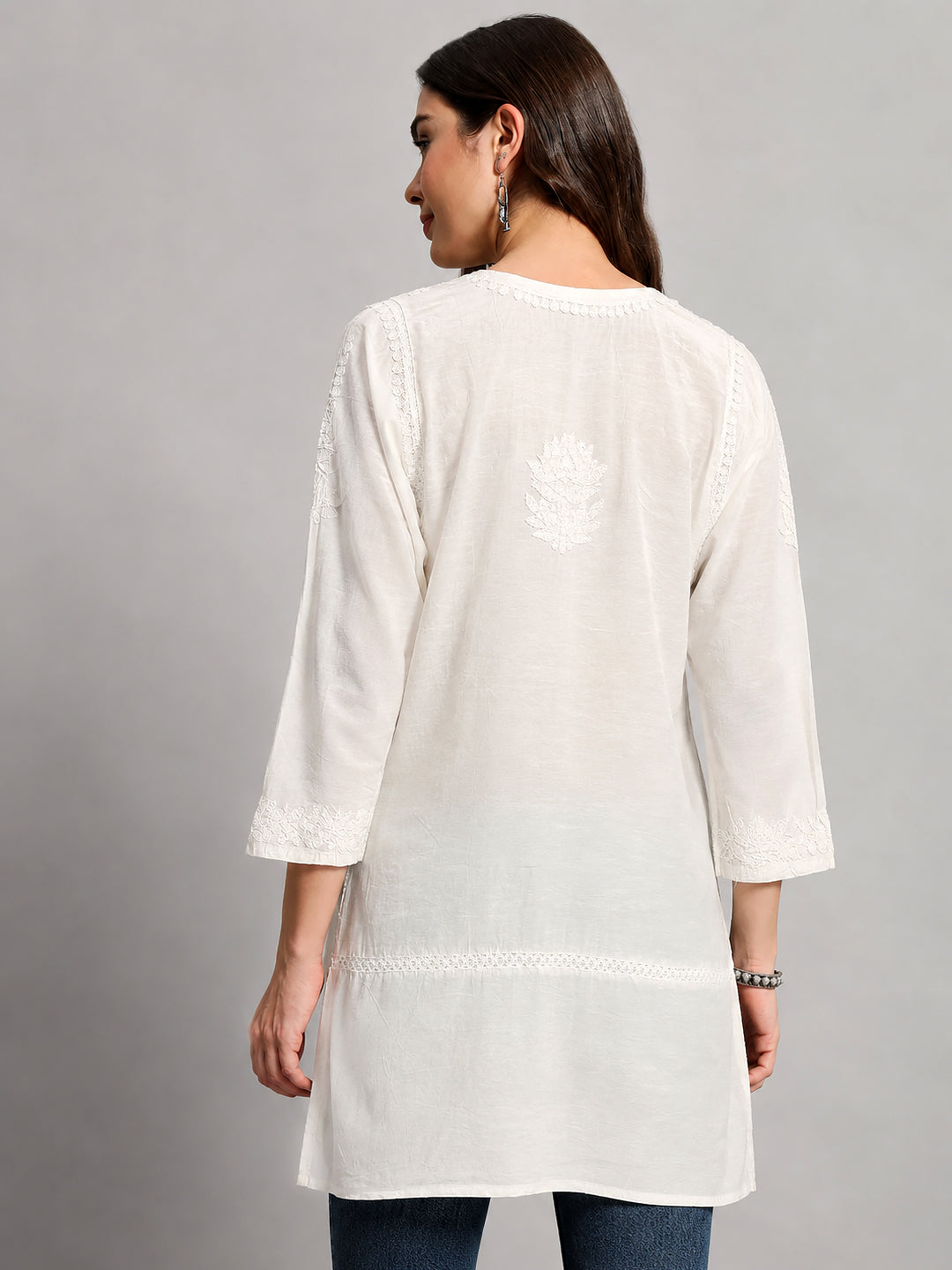 Premium Chanderi Chikankari Short Kurta showcasing traditional embroidery detailing with breathable fabric and comfortable regular wear design